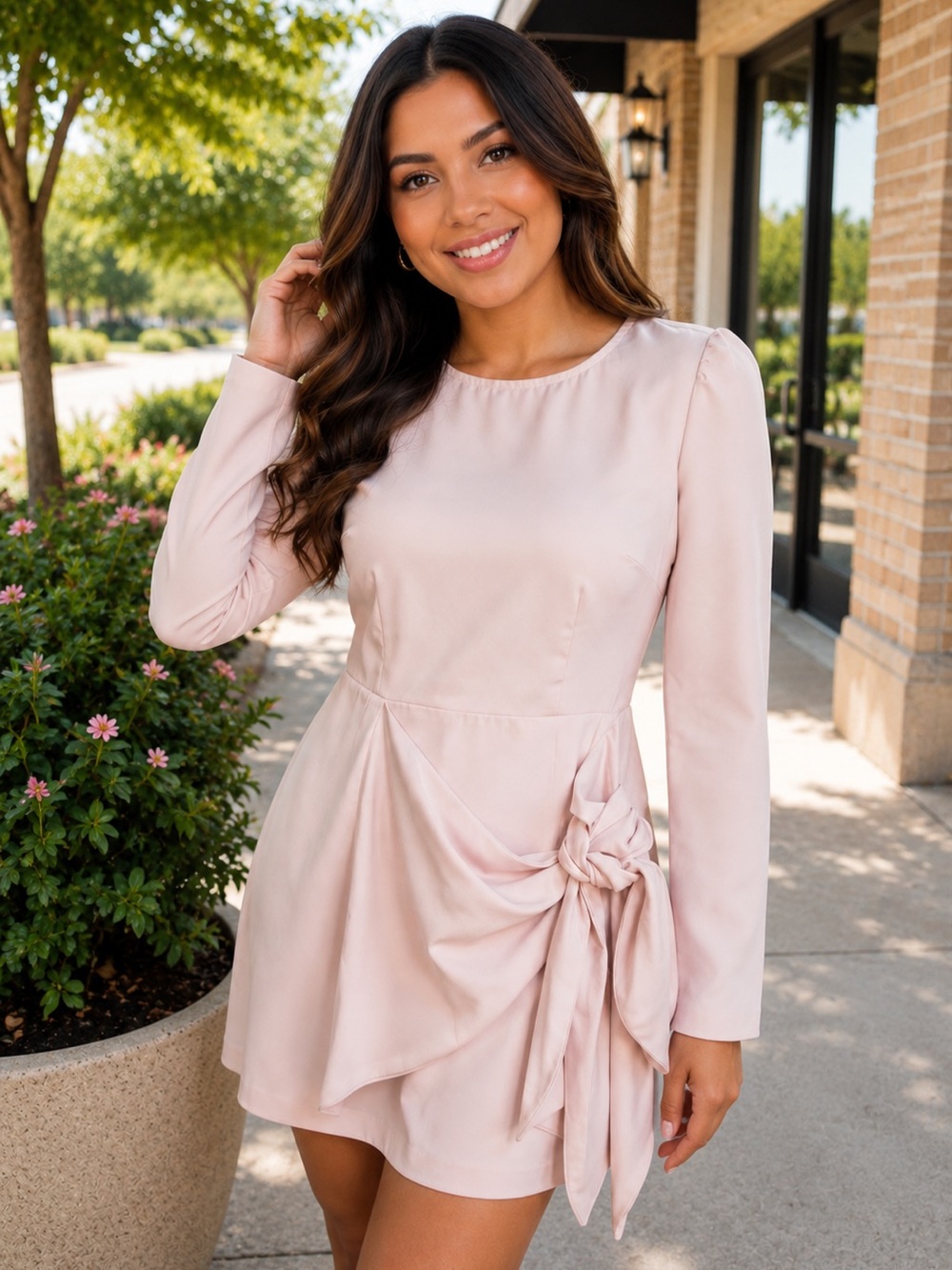 Lulu's Light Blush Pink Long Sleeve Tie-Waist Kids Dress
